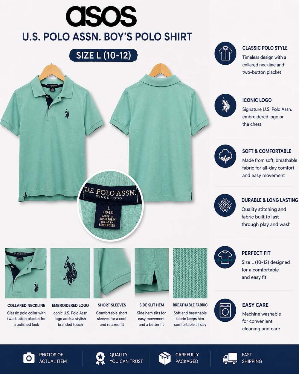 U.S. Polo Assn. Boys Short Sleeve Pique Polo Shirt Green Size L 10-12